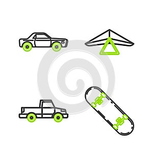 Set line Skateboard, Pickup truck, Hang glider and Sedan car icon. Vector