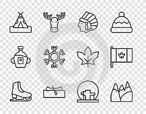 Set line Skates, Mountains, Native American Indian, Kayak or canoe, teepee wigwam, Snowflake, Montreal Biosphere and