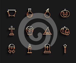 Set line Skull on crossbones, Burning candle, Halloween witch cauldron, Tombstone with, Magic wand, Pumpkin skull and