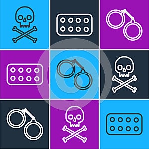 Set line Skull on crossbones, Handcuffs and Pills in blister pack icon. Vector