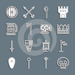 Set line Skull, Medieval flag, King crown, halberd, axe, Wooden mug, Round wooden shield and Cup from the skull icon