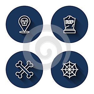 Set line Skull, Tombstone with RIP written, Crossed bones and Spider web with long shadow. Blue circle button. Vector