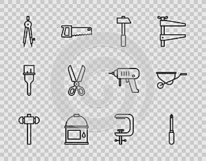 Set line Sledgehammer, Screwdriver, Hammer, Paint bucket, Drawing compass, Scissors, Clamp and screw tool and