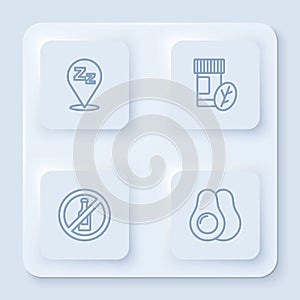 Set line Sleepy, Vitamin pill, No alcohol and Avocado fruit. White square button. Vector