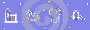 Set line Slide playground, Mushroom house, Horse in saddle swing and Swing for kids icon. Vector