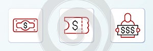 Set line Slot machine spin button, Stacks paper money cash and Lottery ticket icon. Vector