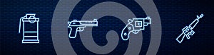 Set line Small gun revolver, Hand smoke grenade, Desert eagle and M16A1 rifle. Glowing neon icon on brick wall. Vector