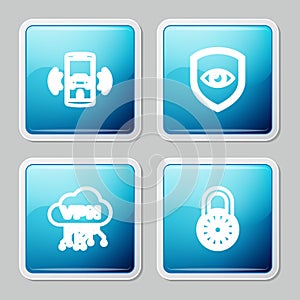 Set line Smart car alarm system, Shield and eye, Cloud VPN interface and Safe combination lock wheel icon. Vector