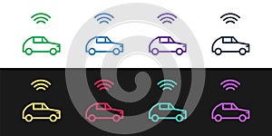 Set line Smart car system with wireless connection icon isolated on black and white background. Vector
