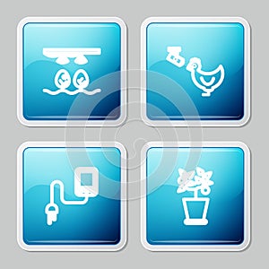 Set line Smart farm with bulb and plant, Chicken camera, Sensor and Plant in pot icon. Vector