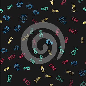 Set line Smart flasher siren, safe combination lock, light bulb and Wireless mouse on seamless pattern. Vector