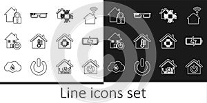 Set line Smart home, Battery, House temperature, under protection, and glasses icon. Vector