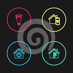 Set line Smart home, House temperature, remote control system and Light bulb and graduation cap icon. Vector