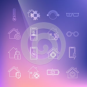Set line Smart home, Mobile charging battery, Glasses, Thermostat, and password protection, settings, Humidity and House