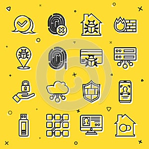 Set line Smart home, Mobile and face recognition, Server, Data, Web Hosting, House system bug, Fingerprint, System