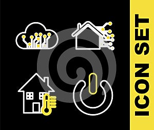 Set line Smart home, Power button, House temperature and Internet of things icon. Vector