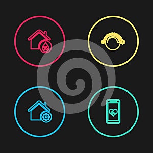 Set line Smart home settings, Mobile with heart rate, Thermostat and House humidity icon. Vector