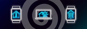 Set line Smart home with smart watch, house temperature and Laptop and alarm icon. Glowing neon. Vector