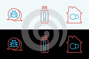 Set line Smart home, System bug and USB flash drive icon. Vector
