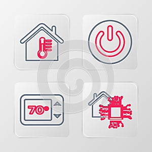 Set line Smart home, Thermostat, Power button and House temperature icon. Vector