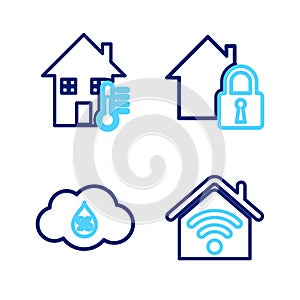 Set line Smart home with wi-fi, Humidity, House under protection and temperature icon. Vector