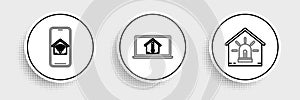 Set line Smart house and alarm, Mobile phone with smart home with wi-fi and Laptop temperature icon. Vector