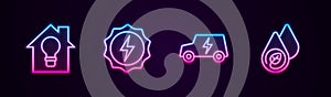 Set line Smart house and light bulb, Lightning bolt, Electric car and Water energy. Glowing neon icon. Vector