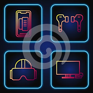 Set line Smart Tv, Virtual reality glasses, Smartphone, mobile phone and Air headphones. Gradient color icons. Vector