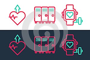 Set line Smart watch with heart, Heartbeat increase and Locker or changing room icon. Vector