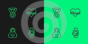 Set line Smart watch with heart, Weight, Medal and Heart rate icon. Vector