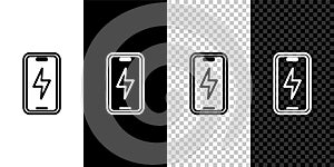 Set line Smartphone charging battery icon isolated on black and white, transparent background. Phone with a low battery