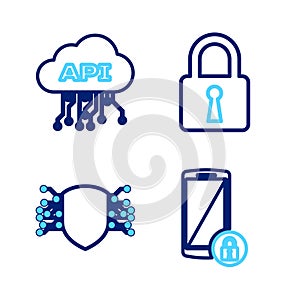 Set line Smartphone with lock, Cyber security, Lock and Cloud api interface icon. Vector