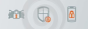 Set line Smartphone with lock, Cyber security and Shield icon. Vector
