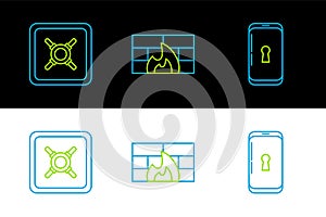Set line Smartphone with lock, Safe and Firewall, security wall icon. Vector