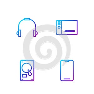 Set line Smartphone, mobile phone, Hard disk drive HDD, Headphones and Graphic tablet. Gradient color icons. Vector