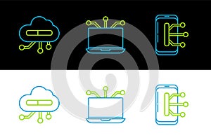 Set line Smartphone, mobile phone, Internet of things and Laptop icon. Vector