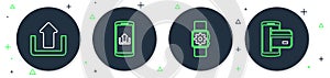 Set line Smartphone with upload, Smartwatch setting, Upload and NFC Payment icon. Vector