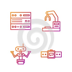 Set line Smartwatch, Robot, Server, Data, Web Hosting and Robotic robot arm hand factory. Gradient color icons. Vector