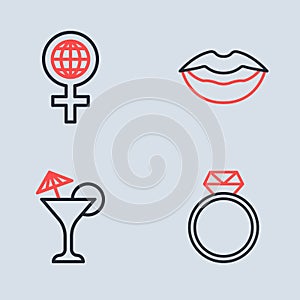 Set line Smiling lips, Martini glass, Diamond engagement ring and International Women Day icon. Vector