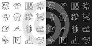 Set line Snake, Photo camera, Rhinoceros, Animal cage, African hut, Monkey, Hippo or Hippopotamus and Butterfly icon