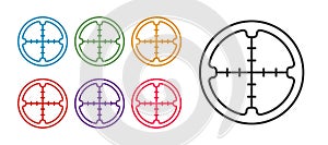 Set line Sniper optical sight icon isolated on white background. Sniper scope crosshairs. Set icons colorful. Vector