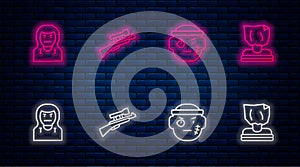 Set line Sniper rifle with scope, Bandit, Thief mask and Kidnaping. Glowing neon icon on brick wall. Vector