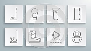 Set line Snorkel, Lift bag, Boots, Sun and waves, Aqualung, Flashlight, Underwater note book pencil and icon. Vector