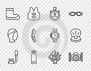Set line Snorkel, Photo camera for diver, Stopwatch, Aqualung, Boots, Diving knife, Coral and Pearl icon. Vector