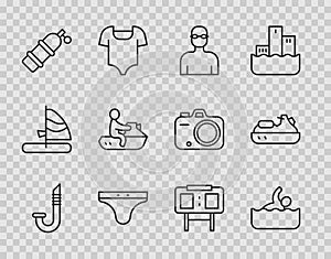 Set line Snorkel, Swimmer, Swimming trunks, Aqualung, Jet ski, Sport mechanical scoreboard and icon. Vector