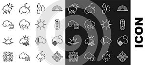 Set line Snowflake, Cloud with snow and sun, Thermometer, Water drop, rain, Celsius cloud, and Sun icon. Vector