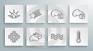 Set line Snowflake, Falling star, Sun and cloud weather, Waves, Thermometer, Celsius, Fahrenheit and Sunrise icon