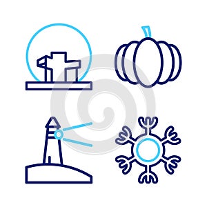 Set line Snowflake, Lighthouse, Pumpkin and Montreal Biosphere icon. Vector