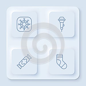 Set line Snowflake, Microphone, Candy and Christmas stocking. White square button. Vector