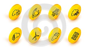 Set line Snowflake, Sun and cloud weather, Wind turbine, Thermometer, Windy, Moon stars and Celsius icon. Vector